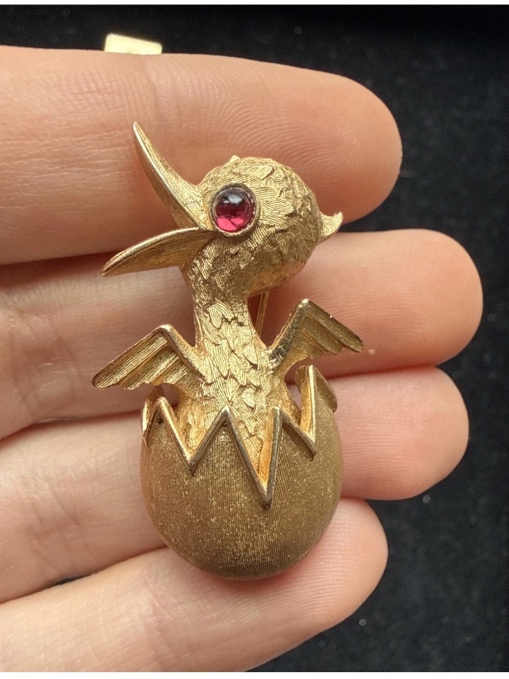 Trifari Gold-Tone Hatching Bird Pin with Pink Gem Eye -